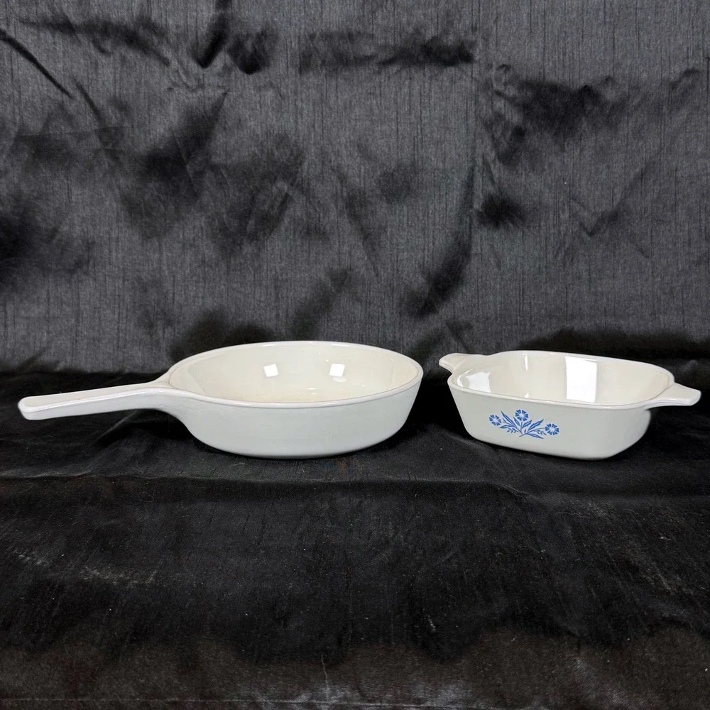 Vintage Corning Ware Blue Cornflower P-41 Petite Pan and White Skillet Set